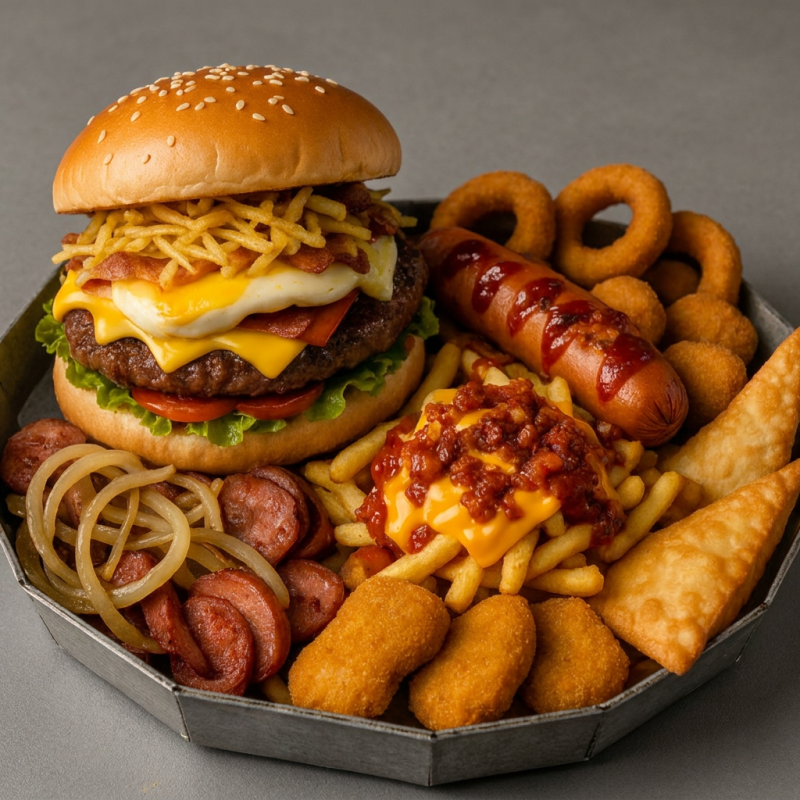 1 cheese bacon (pão de hambúrguer, maionese da casa, alface, tomate, carne de hambúrguer, bacon) 1 cachorro quente de salsicha com molho de tomate da casa e bacon 5 anéis de cebola 5 nuggets 250g de batata com cheddar cremoso, bacon, cebola crispe 2 pasteis de queijo 100g de linguiça acebolada todos os itens são pesados in natura! Foto Ilustrativa!