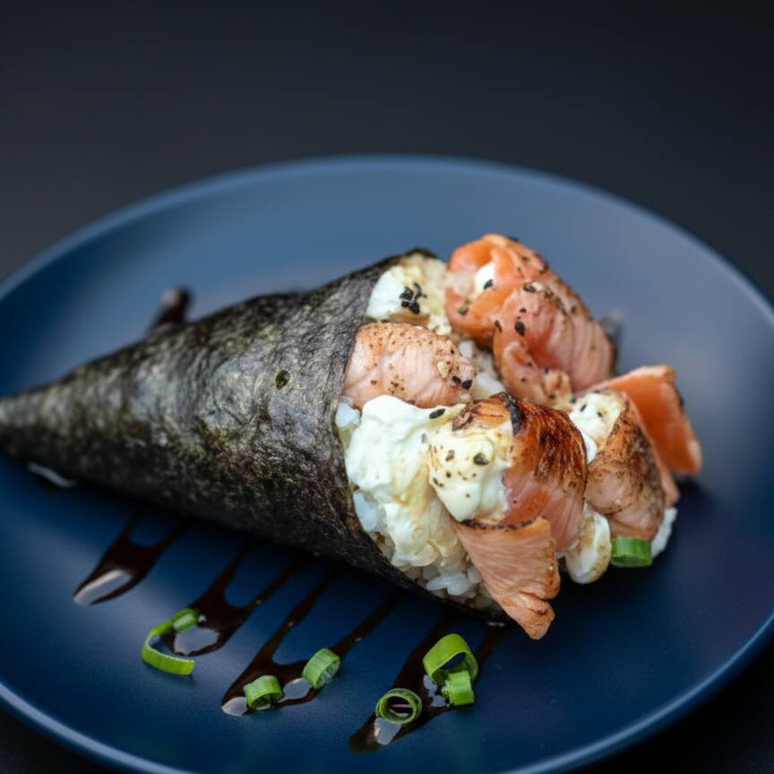 Salmão maçaricado com cream cheese, arroz japonês, cebolinha e gergelim moído.