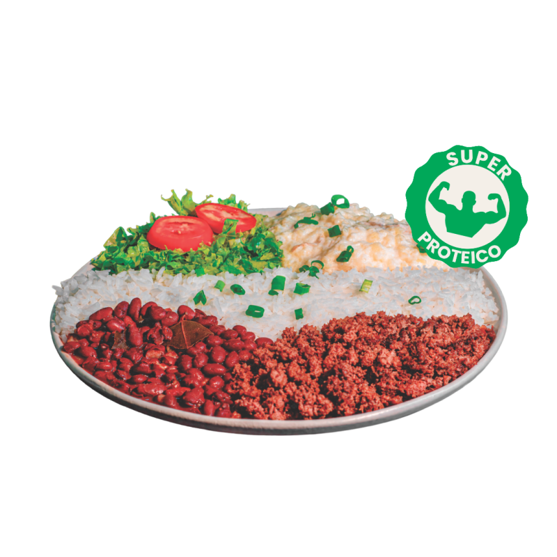 Suculenta carne moída, acompanhada de arroz, feijão, salada de alface, tomate e Hakuna Batata.