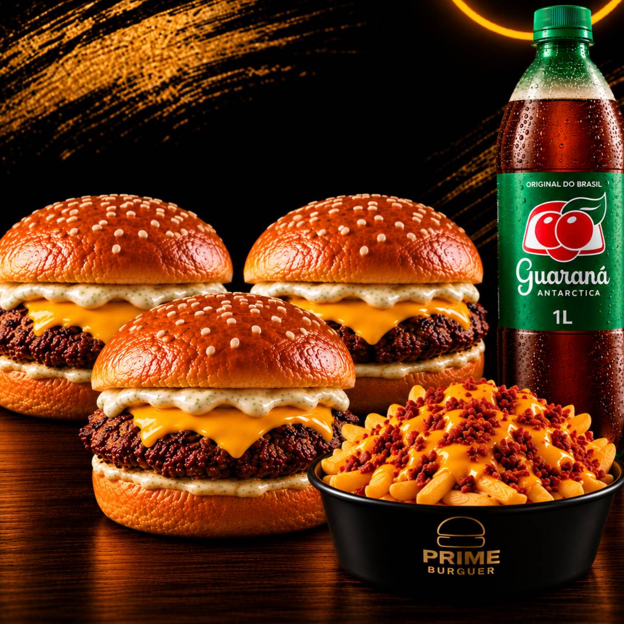 3 Lanches Prime Burguer (carne 100% artesanal) + 1 Batata cheddar e bacon + 1 guaraná 1L