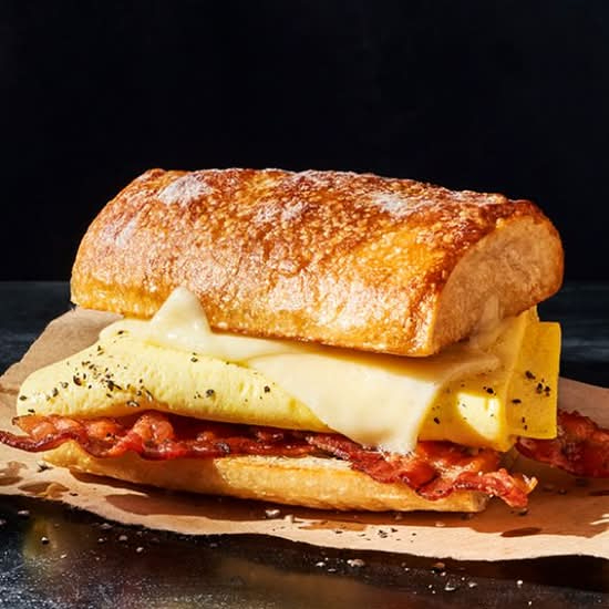 Pão ciabatta quentinho, recheado com ovos feitos na hora, coberto com mussarela e bacon crocante. Simples, bem servido e cheio de sabor.