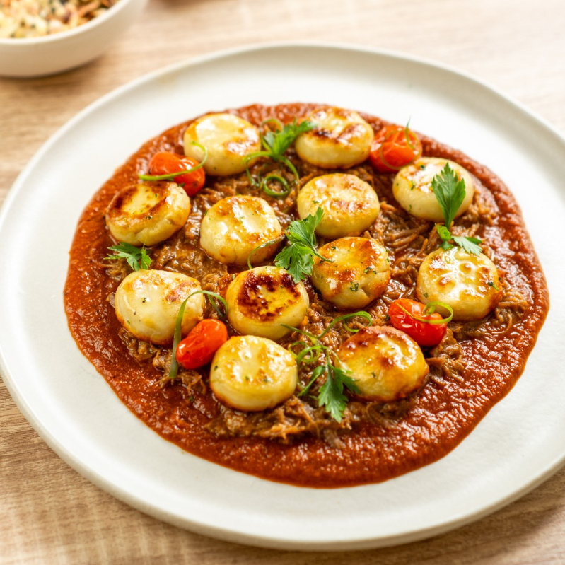 Nhoque asssado de batata doce com carne de panela desfiada e molho de tomate.