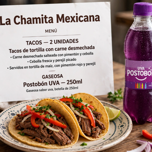 2 Tacos de Carne mas Bebida