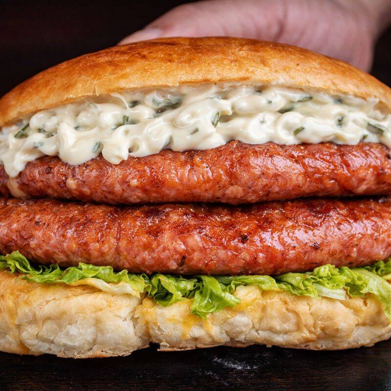 Pão de cachorro-quente na chapa, 2 linguiças de porco artesanais na chapa, queijo muçarela, salada, batata palha ketchup e mostarda