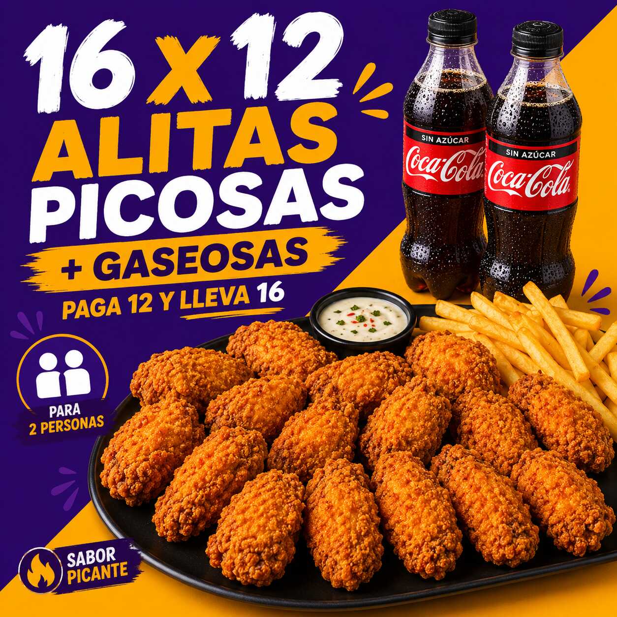 ALITAS PICOSAS 16X12 + BEBIDAS