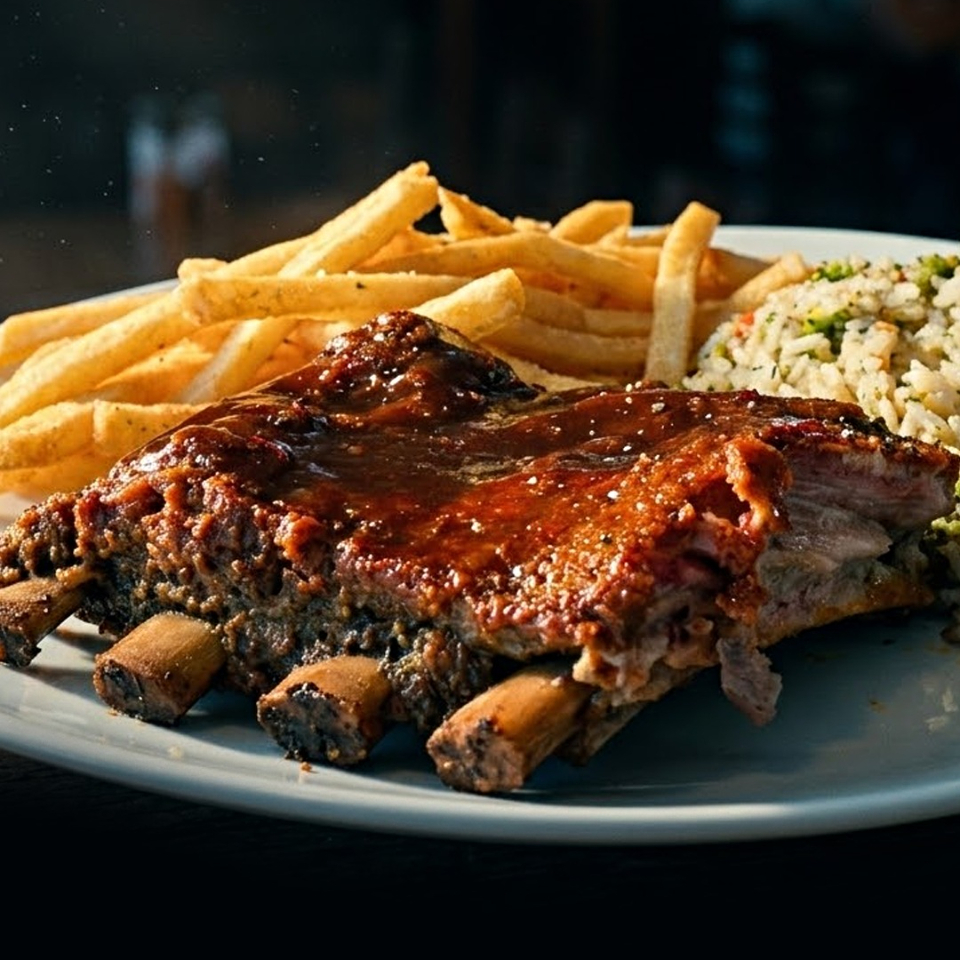 Costelinha suína defumada ao molho barbecue, servida com arroz de brócolis e batata frita