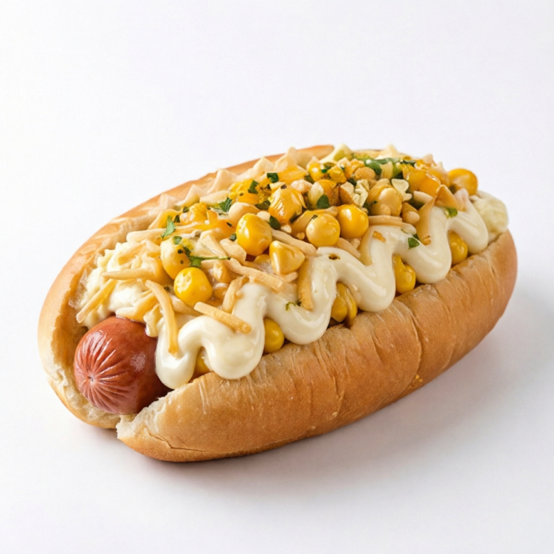 Hot dog completo com pão de hot, salsicha, purê, milho e uma generosa camada de catupiry cremoso. Sabor marcante e irresistível!