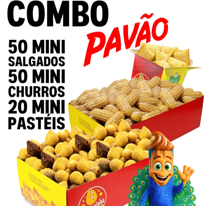 50 Mini Salgados 9gr, 50 Mini Churros 9gr e 20 Mini Pastéis 11gr