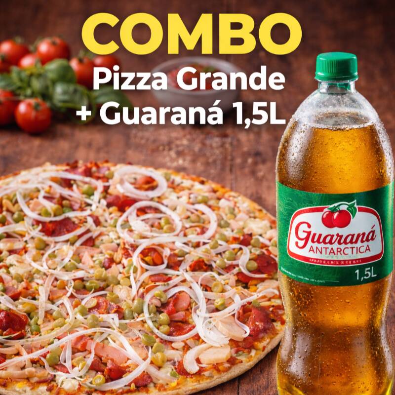 Pizza Grande Com Até 2 Sabores, 8 Fatias Com Muito Recheio e Massa Leve + Guaraná 1,5 lt Bem Gelado Pra Completar. Combo Perfeito Pra Reunir e Aproveitar. Peça Agora!