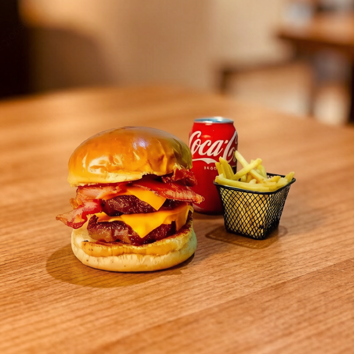 Pão brioche, 2x burguer, queijo mussarela, cheddar, 2x bacon, alface, tomate e molho da casa.