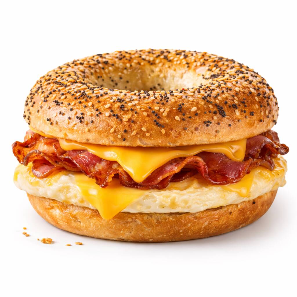 Bagel con tocino, huevo y queso