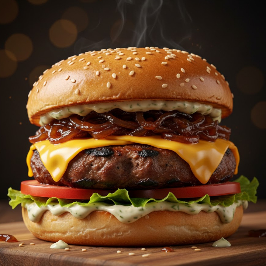 Pão, carne 150g, 2x cheddar, cebola caramelizada, molho mineiro e salada