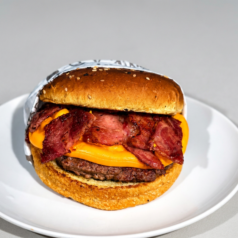 Pão de brioche, hambúrguer artesanal de carne bovina (120gr), queijo cheddar, bacon crocante, maionese temperada, molho Bbq. Acompanhado de batata frita e molho especial.