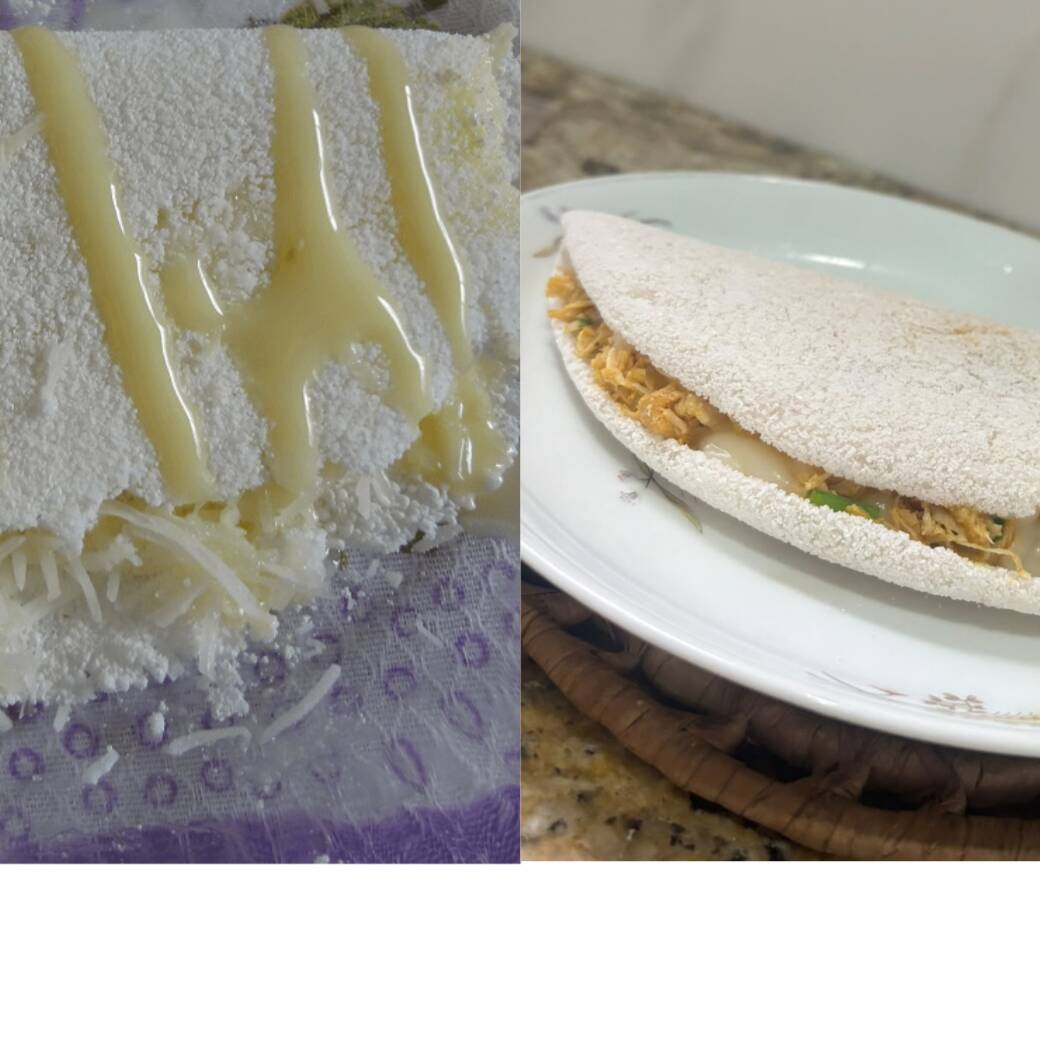Combo com uma tapioca deliciosa de frango c/ requeijao + uma doce de leite condensado e coco fresco
