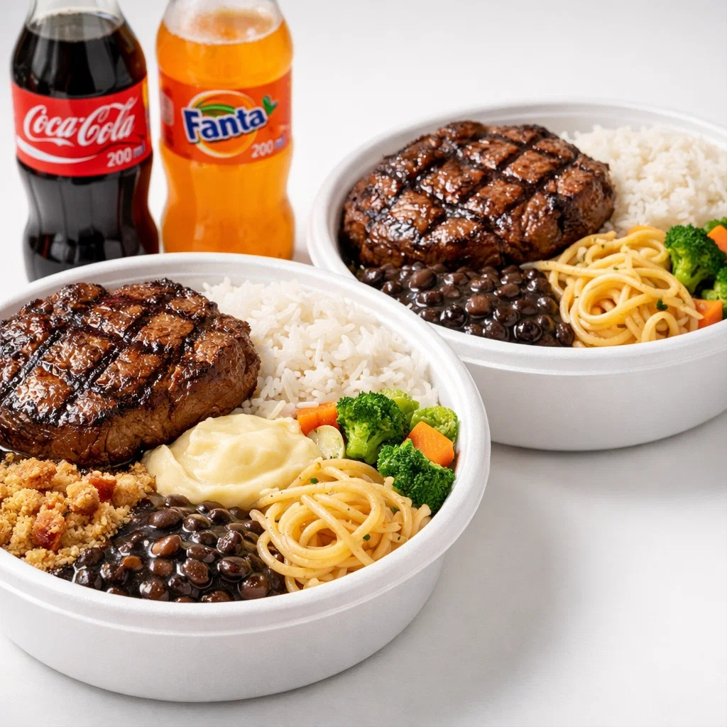 2 Marmitex M Completa Bife Grelhado .+ 2 refrigerantes 200 ml arroz,feijao,farrofa com bacon,macarrao alho e oleo, pure de batata,refogados.