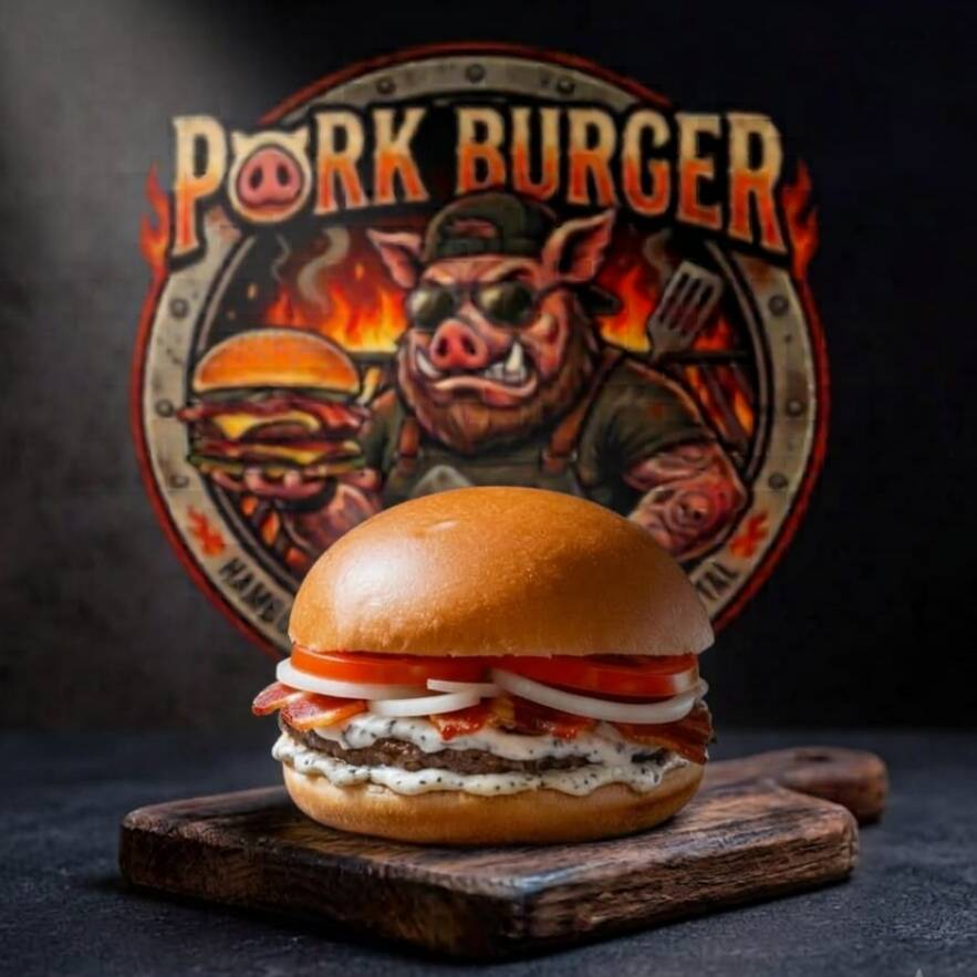 Hambúrguer Angus (Smash 100g - Esmagado na Chapa), creme intenso de blue cheese (Gorgonzola), bacon crocante, cebola crua, tomate fresco e maionese. Fechado no pão levemente selado. Forte, marcante e sem pedir licença em cada mordida.