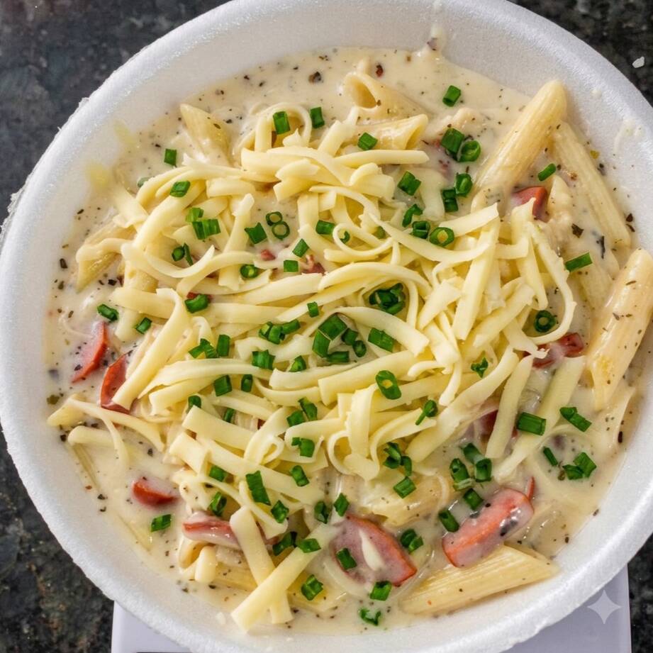 200g Massa al dente envolvida em um delicioso molho Branco Cremoso,leva frango desfiado temperado, bacon crocante, milho-verde.Finalizado com Mussarela derretida e cebolinha fresca. Uma receita exclusiva da Kl Massas que une cremosidade, sabor e qualidade em cada garfada.( 700g )