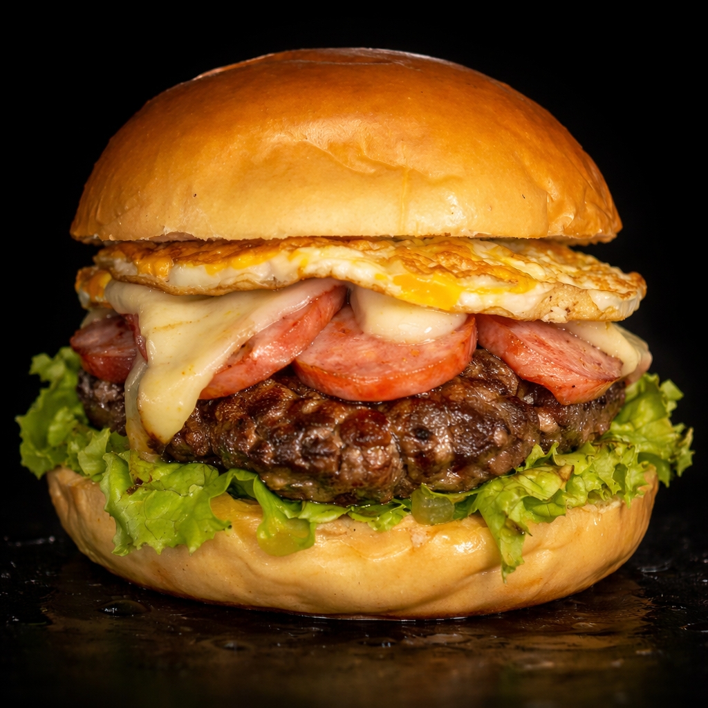 Pão, carne100g, calabresa, queijo, ovo, salada