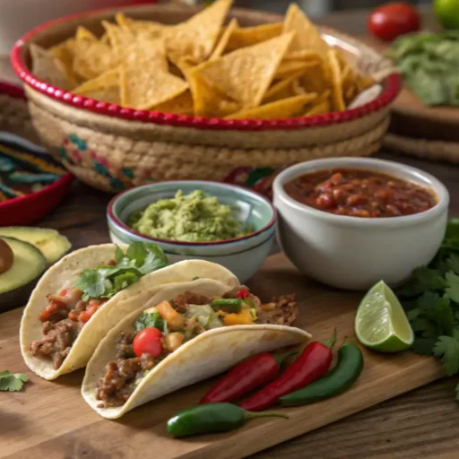 2 tacos recheados com seu sabor preferido, porção de nachos individual e guacamole.