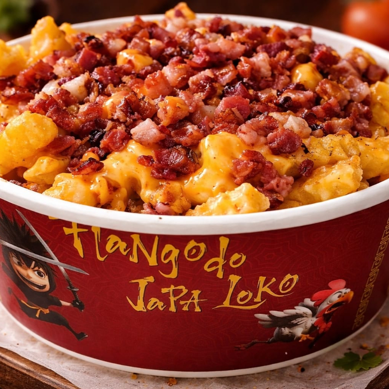 Não deixe de experimentar a irresistível 'Batata Rústica com creme de Cheddar e Bacon - 1kg' no nosso cardápio 'Porções Do Japa Loko'. Este prato apresenta batatas rústicas, perfeitamente crocantes e douradas, generosamente cobertas com um suculento creme de cheddar, realçado pelo sabor robusto de pedaços de bacon picado. São 800g de pura tentação que vão agradar ao paladar mais exigente. Venha para o Flango Do Japa Loko e saboreie esta delícia!
