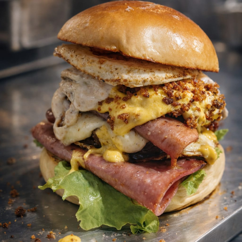 Pão, 2 carnes bovino 110g, 2 queijos, 2 ovos, 2 presuntos, calabresa, bacon, cheddar, alface e tomate