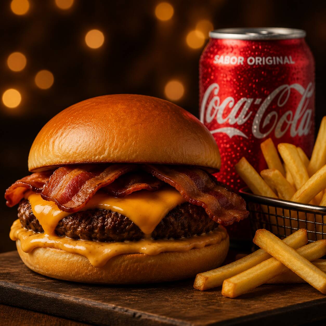 Combo Smash Bacon Artesanal 80g Blend artesanal 80g no pão selado, cheddar cremoso, bacon crocante, maionese com ervas e molho especial da casa. Acompanha batata frita P + Coca-Cola 350ml. Um combo clássico, equilibrado e irresistível! Tags: hambúrguer, burguer, burger, batata frita, coca cola, combo, oferta, desconto, promoção, off, 0800, entrega grátis, entrega rápida, perto de casa, smash bacon, cheddar, lanche completo