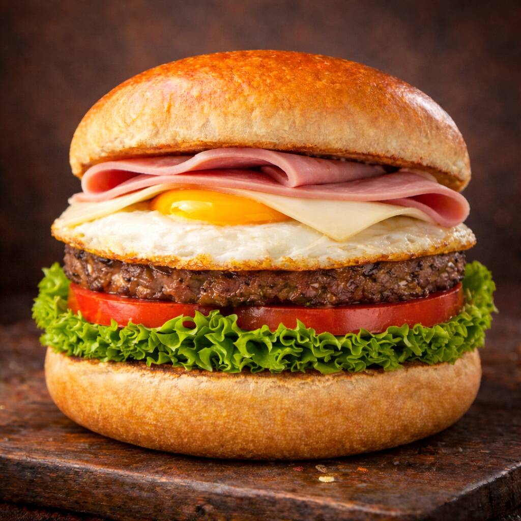 Pão, carne de hamburguer 52g, ovo, queijo mussarela, presunto e molho da casa