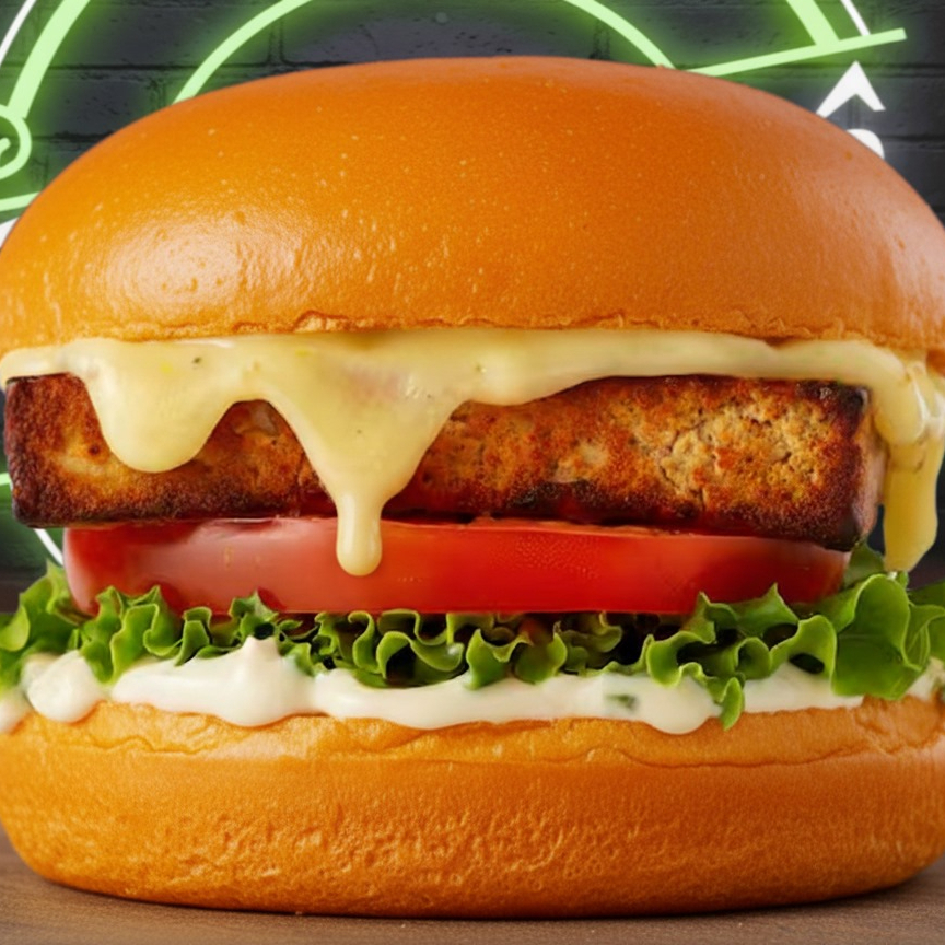 Lanche de tofu grelhado com maionese Tofulelê, alface, tomate e vegarela (queijo vegetal produzido na casa), no pão brioche. (Imagem ilustrativa) Alergênicos: Contém Aveia, Derivados De Trigo E Soja. Pode conter Castanha De Caju. Contém Glúten.