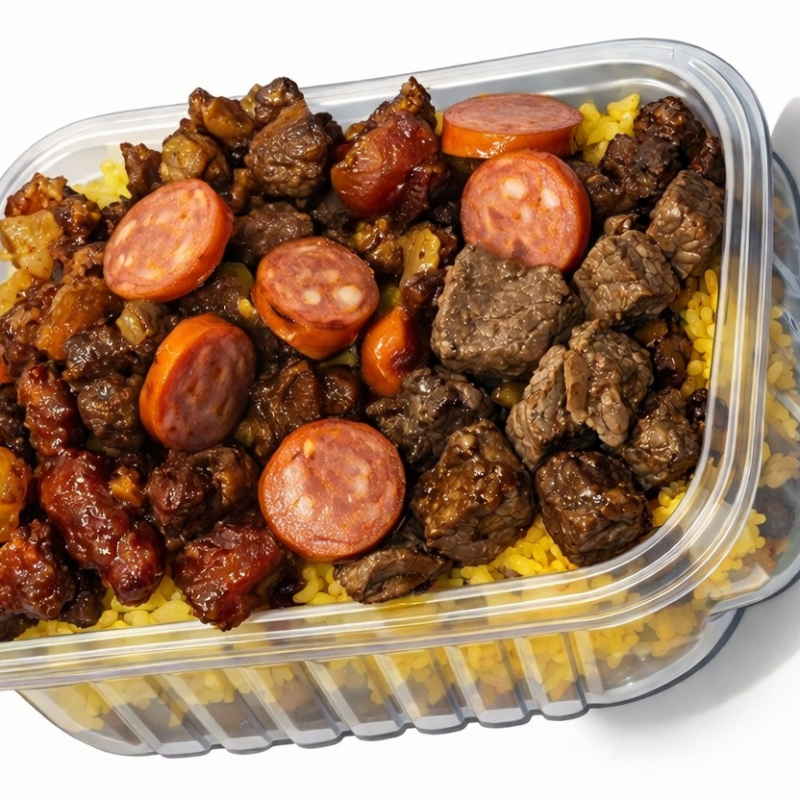 Feijão Macassar, Arroz, Carne de sol, Vinagrete, Farofa. porção serve 1 pessoa peso entre 450 a 500 g