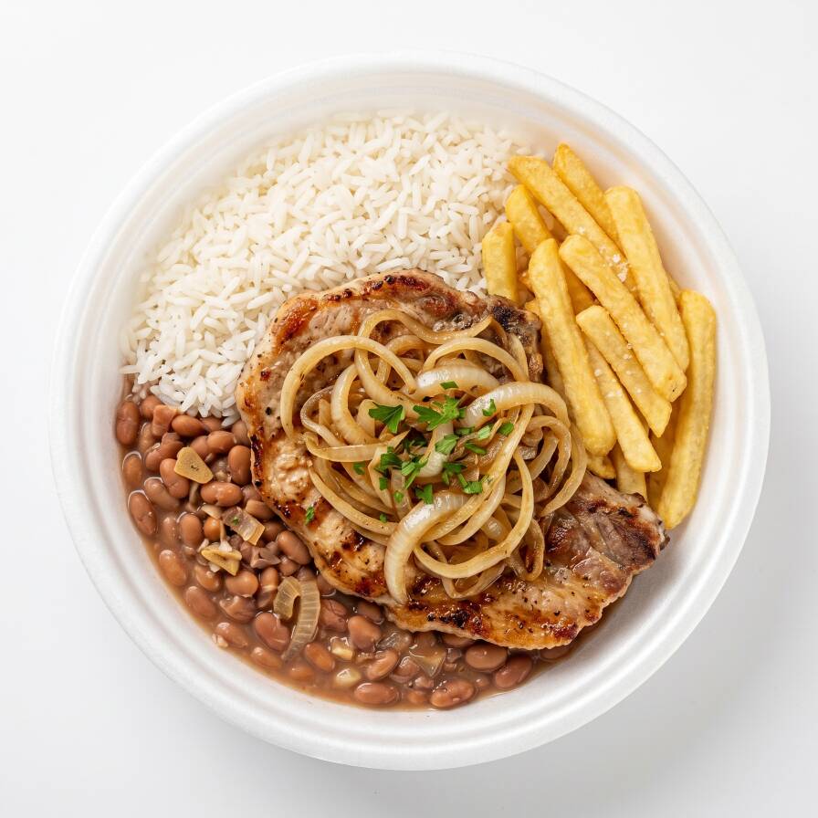 Suculenta bisteca de porco, grelhada no ponto certo, ganham um sabor irresistível com a cebola dourada. Para completar, banana frita, crocante por fora e macia por dentro, trazendo um contraste agridoce que encanta o paladar. Uma combinação caseira, cheia de sabor e carinho. Uma combinação que conquista na primeira garfada!