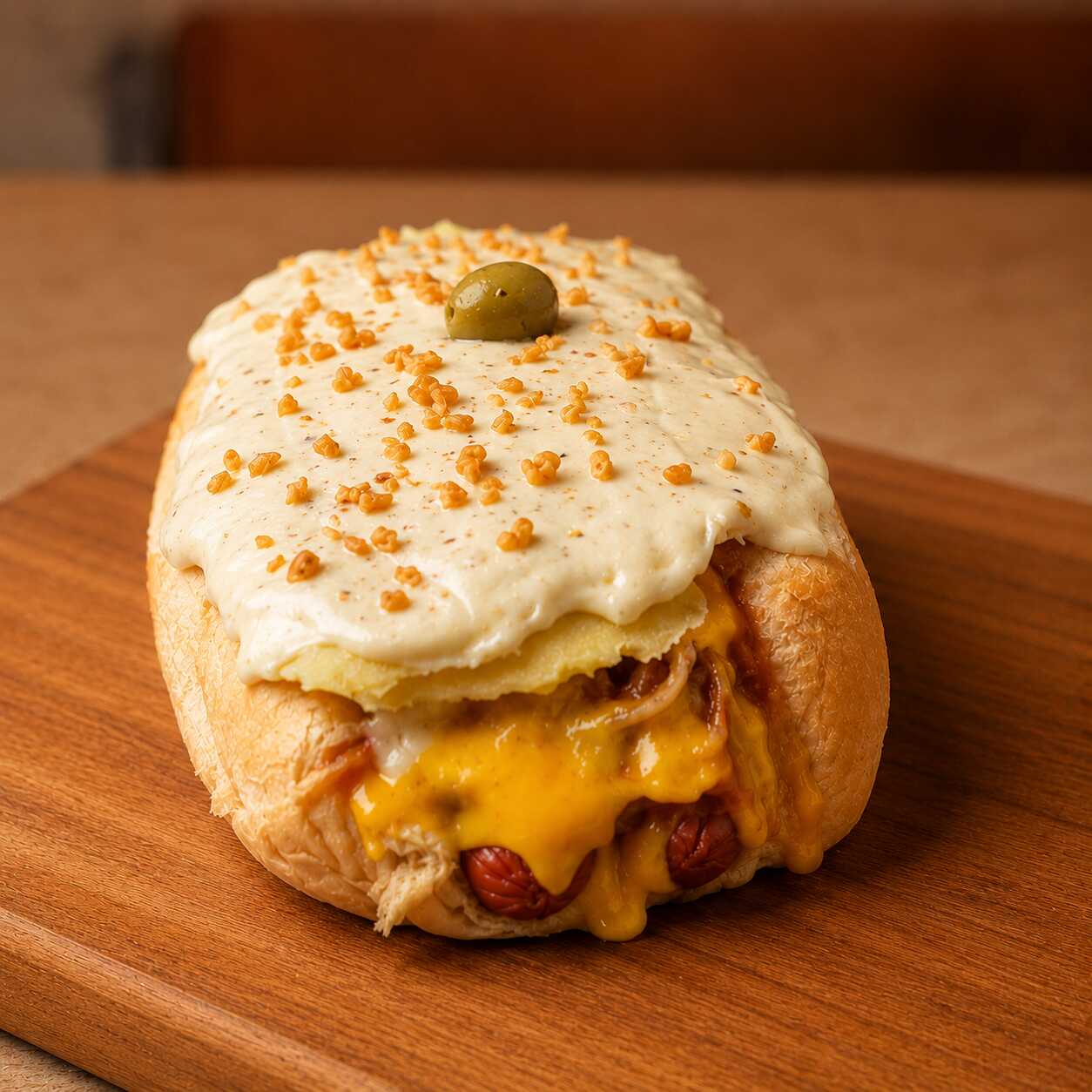 Pão 50g (Menor que o pão do tradicional) , salsicha, ketchup e mostarda, vinagrete sem cebolas, O melhor pure de batatas da vida e finaliza com maionese hellmans temperada com patê de azeitonas pretas.