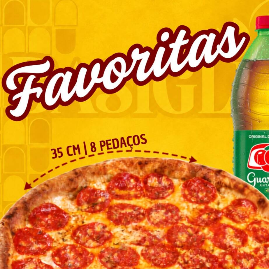 Pizza grande (35cm, 8 fatias) dos sabores favoritos, acompanhada de refrigerante gelado, com super desconto pra você aproveitar! A pizza pode ter até 2 sabores..