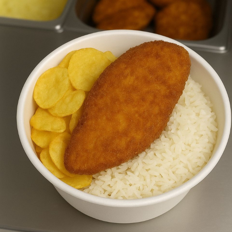 Frango empanado acompanhado de arroz, feijão e batata frita chips