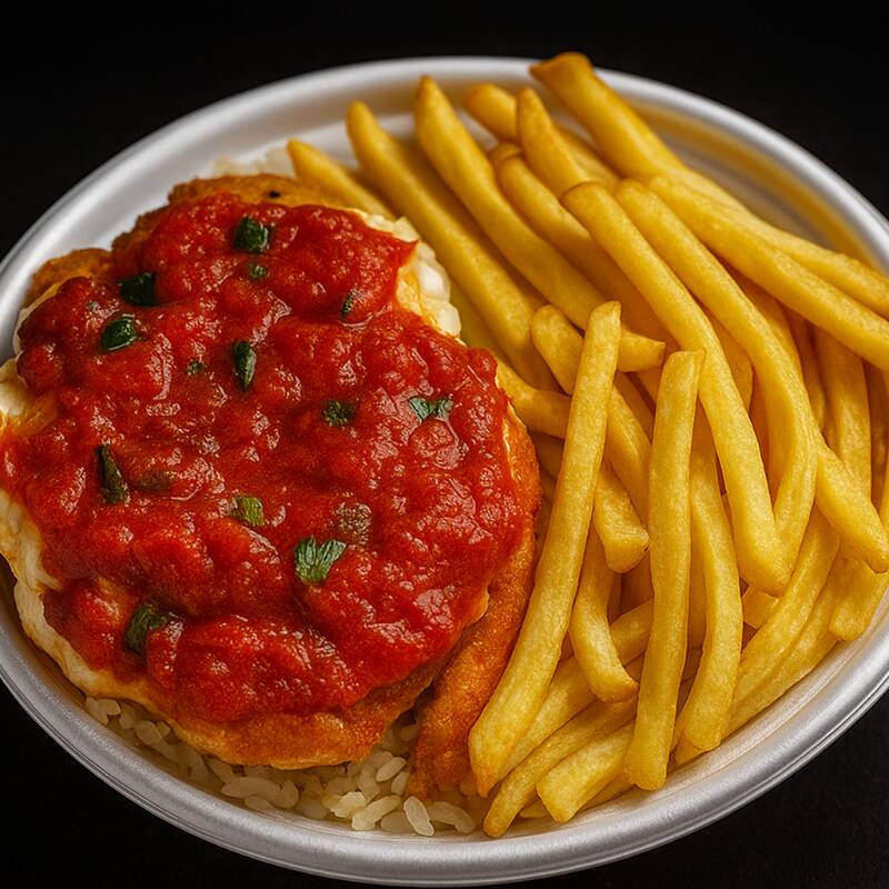Parmegiana de Frango – filé de frango empanado no ponto certo, coberto com molho de tomate artesanal e uma generosa camada de queijo derretido. Acompanha arroz branco soltinho e batata frita crocante, formando a combinação perfeita.