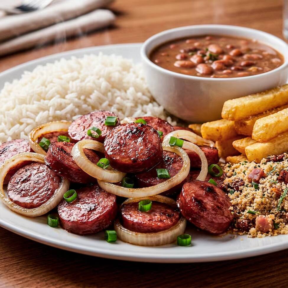 Fatias suculentas de calabresa, refogadas com cebola na medida certa, criando um prato irresistível. Para acompanhar, um arroz soltinho (aprox. 200 g), feijão caseiro fresquinho (aprox. 100 g), batatas fritas crocantes (aprox. 50 g) e uma farofa temperada que realça cada garfada (aprox. 50 g).
Uma refeição robusta e cheia de sabor, perfeita para quem busca um clássico da culinária brasileira. Peça agora e transforme seu Dia com o toque especial do Terra Mar