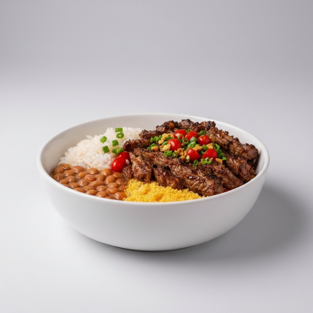 Suculenta fatia de picanha grelhada no ponto certo, acompanhadas de arroz soltinho, feijão caseiro, farofa crocante. Finalizada com cebolinha e um toque de pimenta biquinho. Uma explosão de sabor!