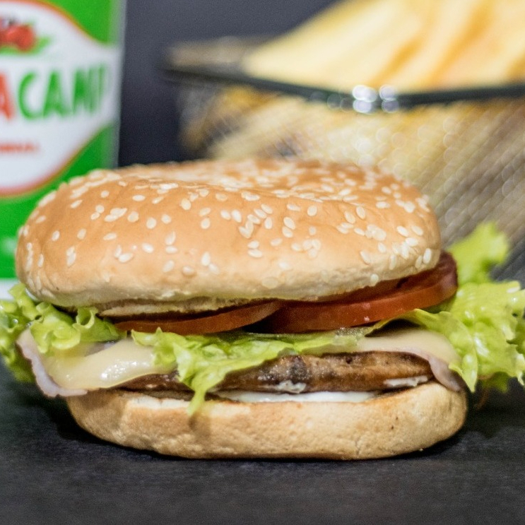 PÃO, CARNE, QUEIJO, PRESUNTO, ALFACE, TOMATE, CEBOLA E MOLHO DA CASA.