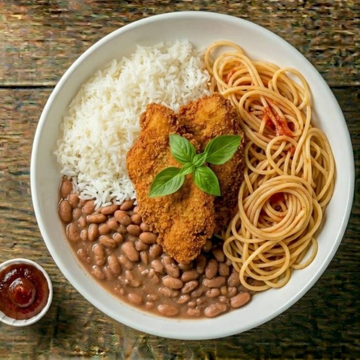 Arroz, feijão, farofa, macarrão com queijo, frango empanado