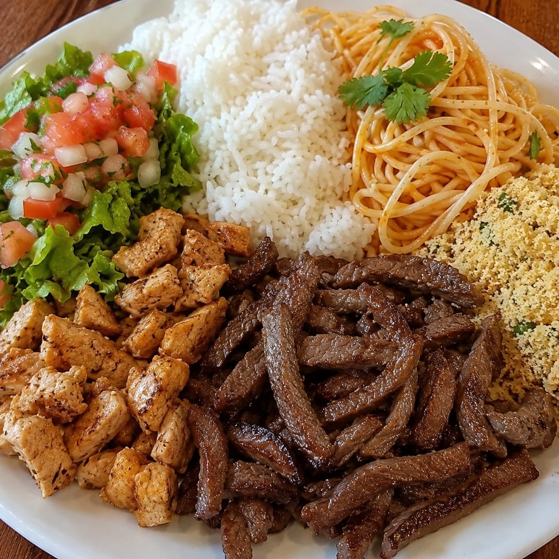 Acompanhamento: Arroz, Macarrão, Farofa, Vinagrete