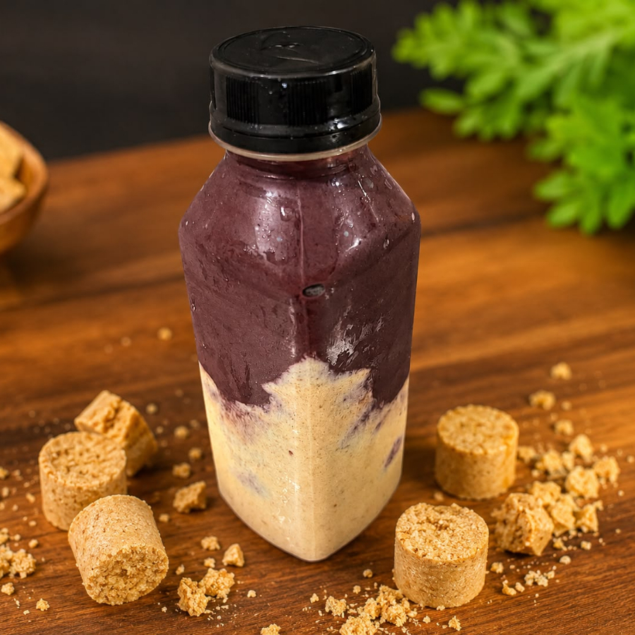 Açaí na Garrafa – Creme de Paçoca 🥜 Batida cremosa feita com açaí premium, leite condensado, leite Ninho e leite integral, servida com uma deliciosa camada de creme de paçoca. Uma combinação irresistível que vai conquistar você a cada gole!