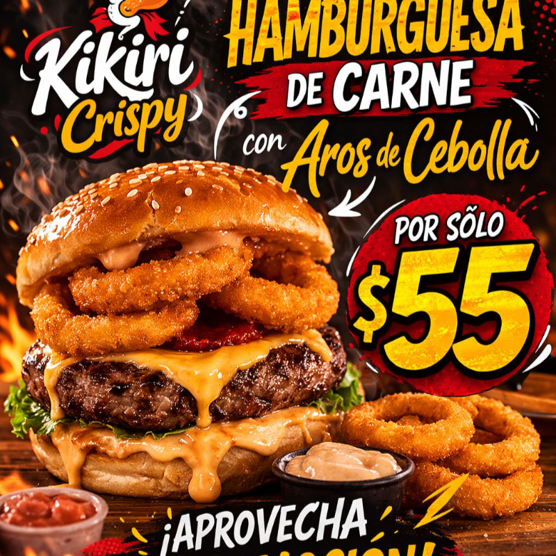 Hamburguesa de Carne con Aros de Cebolla