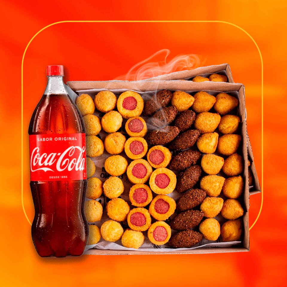 50 coxinhas 50 bolinho de queijo 50 risoles 50 kibes 01 coca cola 2l