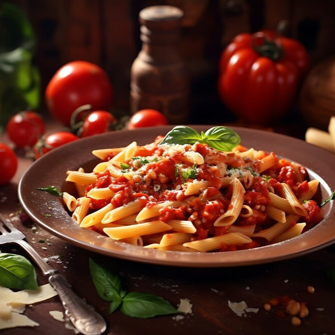 Penne rigate de sêmola, carne moida selecionada, molho pomodoro, cebolinha, parmesão ralado