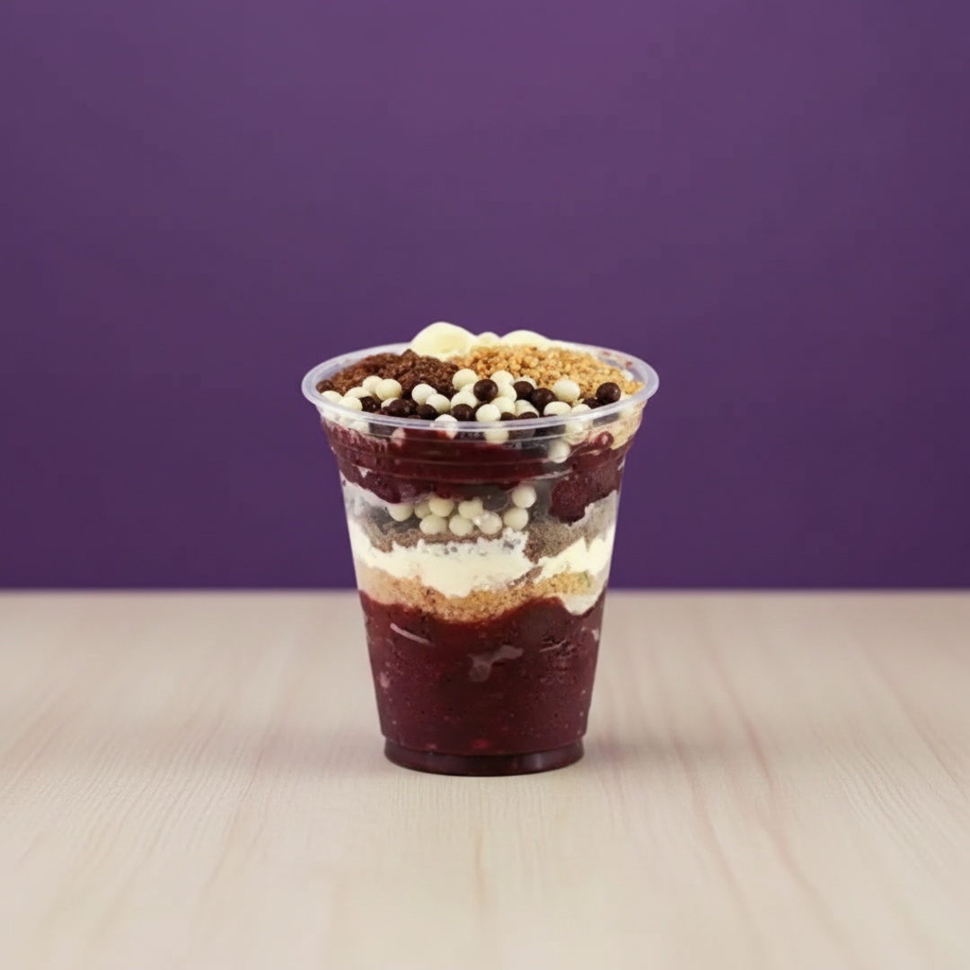Açai, granola, leite condensado, banana, leite em pó, chocoball, calda de chocolate