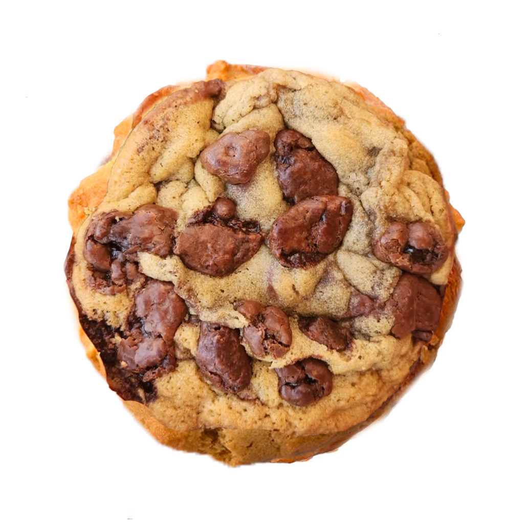 Massa tradicional de baunilha com gostas de chocolate preto e Recheio de Ovomaltine cremoso e crocante. Todos os cookies são assados na hora do pedido.