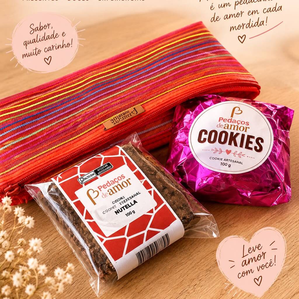 Nesse kit temos um estojo que pode também ser usado como uma nécessaire de maquiagem ou ate mesmo um porta medição com um cookie de Nutella e um delicioso Brownie tradicional. Adoçando assim o Dia daquele que tem feito os seus dias valares mais a pena.