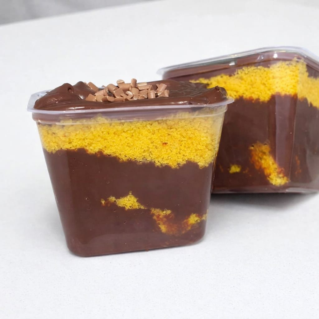 Massa super fofinha e deliciosa de cenoura, com um delicioso brigadeiro de chocolate 50%. Pote de 250ml