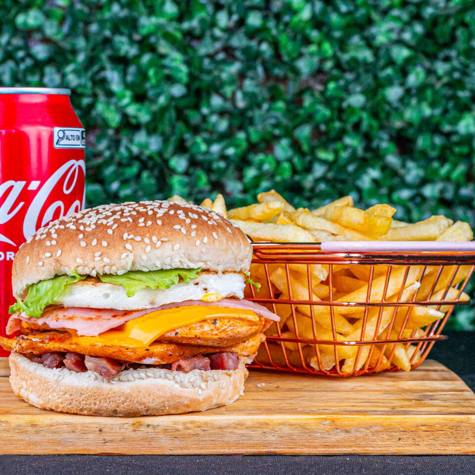 Pão de gergelim , file de peito de frango, queijo, presunto, ovo, bacon, cheddar cremoso , ketchup , maionese temperada e alface + batata + refri lata