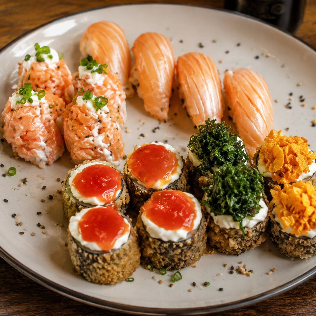 4 Sushi Salmão Maçaricado;
4 Joe Shake Maçaricado (Arroz Oriental, envolto por neta de salmão, coberto por tartar de salmão, com cebolinha, maçaricado);
4 Hot Philadelphia, coberto por geleia de pimenta;
2 Hot Philadelphia, coberto com couve crispy;
2 Hot Philadelphia, coberto com Doritos.
*** Não É Permitida A Alteração Das Peças. ***