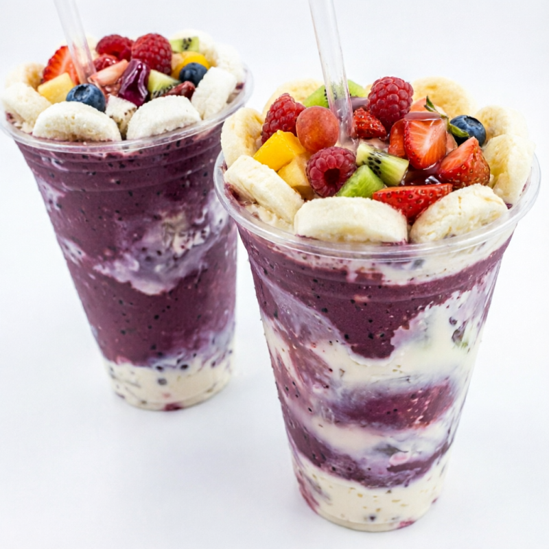 Combo com 2 açaí de 500ml com direito a 2 frutas 2 caldas e 4 acompanhamentos. obs: os acompanhamentos serão iguais para os dois copos de açaí